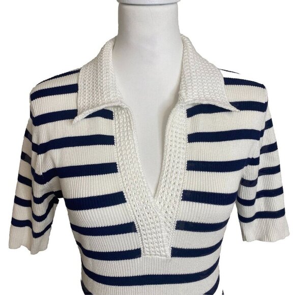 $695 CAROLINE CONSTAS Knit Stretch Midi Dress Striped White/Navy Bodycon L - Picture 4 of 11